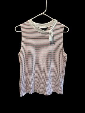 Women’s Banana Republic Sleeveless Striped Top Tie Neck White Red Blue Size L